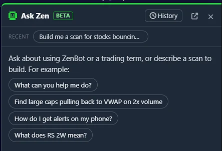 Ask Zen open on its example questions: what can you help me do, find large caps pulling back to VWAP, how do I get alerts on my phone